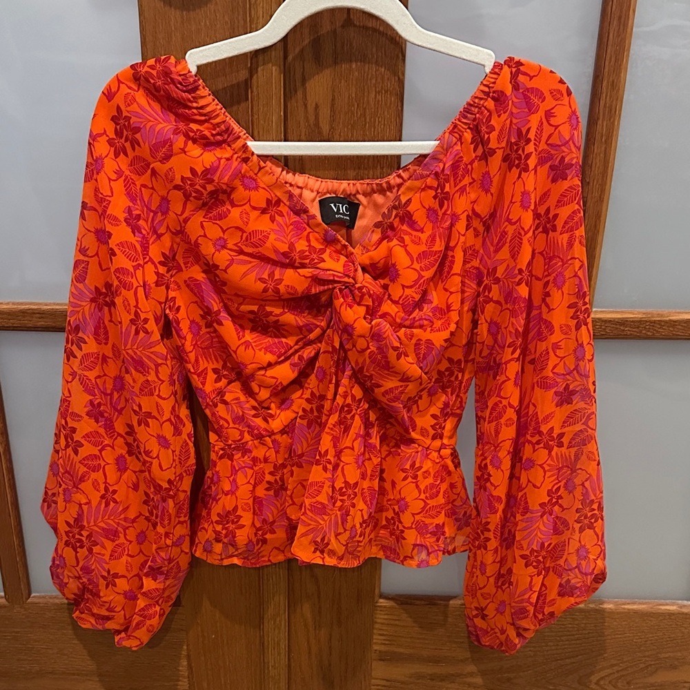 Vici Orange and Pink Floral Tie-Front Peplum Blouse​